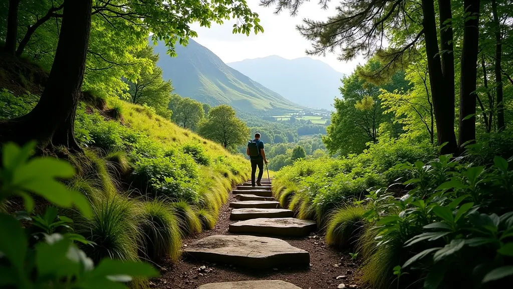 Challenging mountain forest trail with steep elevation and expansive views across Irish countryside