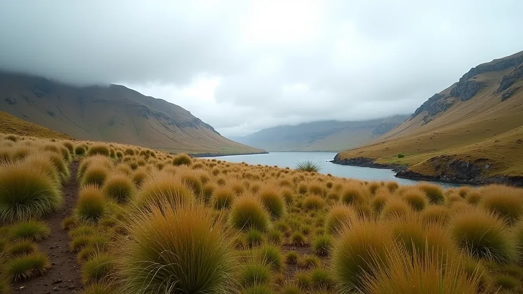 Dramatic mountain valley landscape in Connemara with wild grassland and cloudy sky overhead