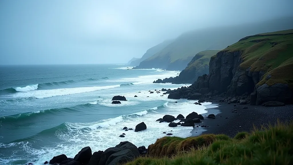 Rocky coastal shoreline with wild Atlantic Ocean waves and weathered stone formations