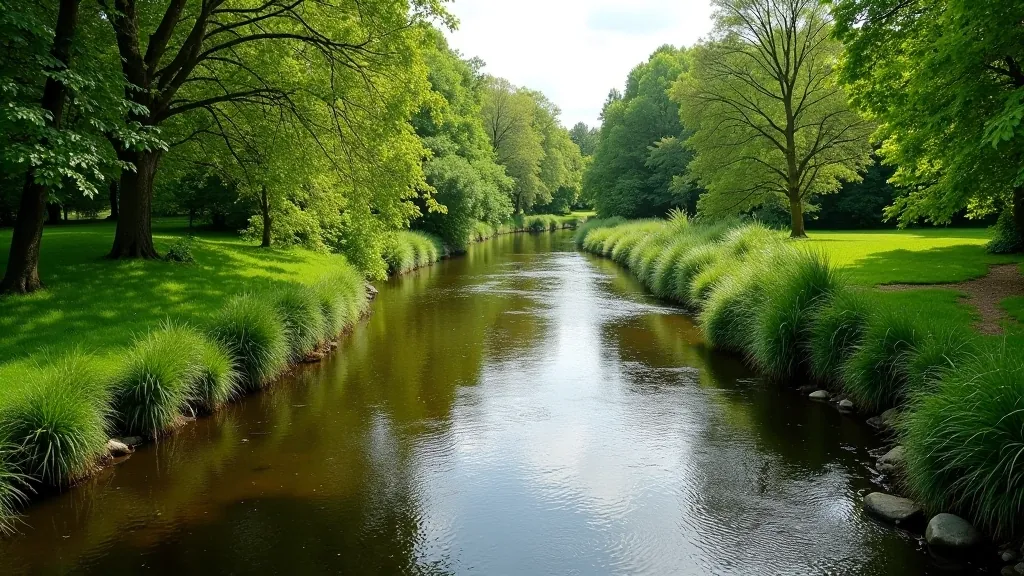 River valley with flowing water and grassy riverside banks