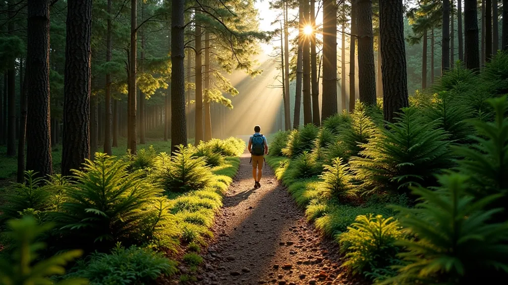 Moderate hiking trail ascending through coniferous forest with visible elevation and varied terrain