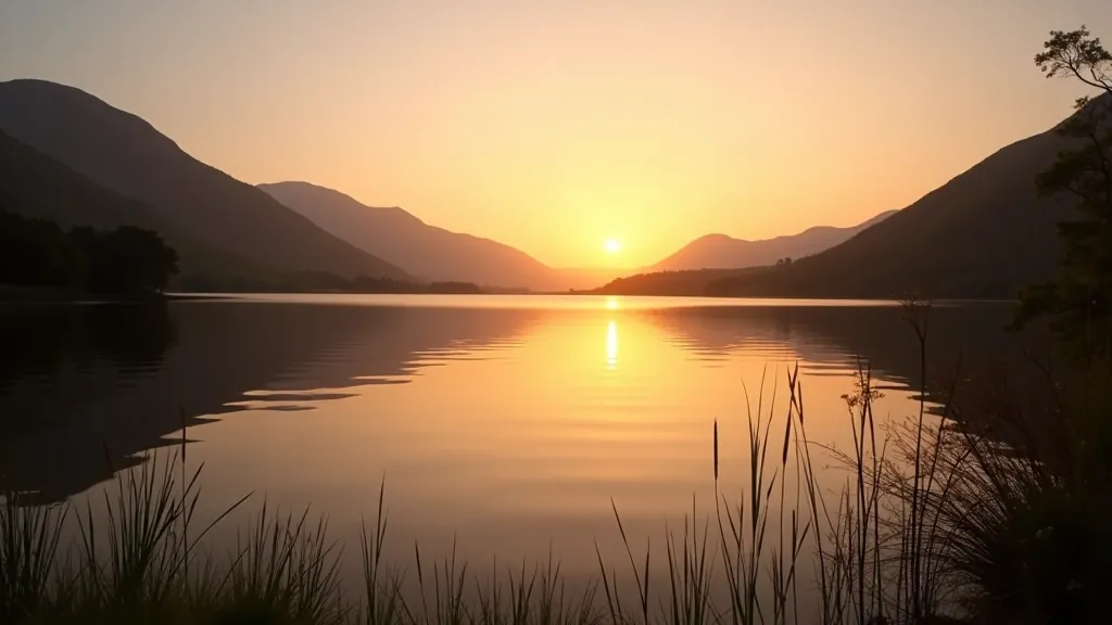 Serene lakeside with mountains reflected in calm water at golden hour