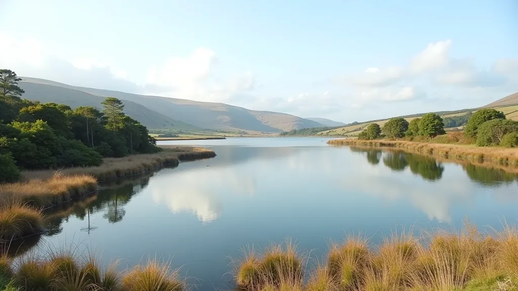Quiet rural lake with natural shoreline, minimal development, clear reflections of sky, peaceful countryside setting