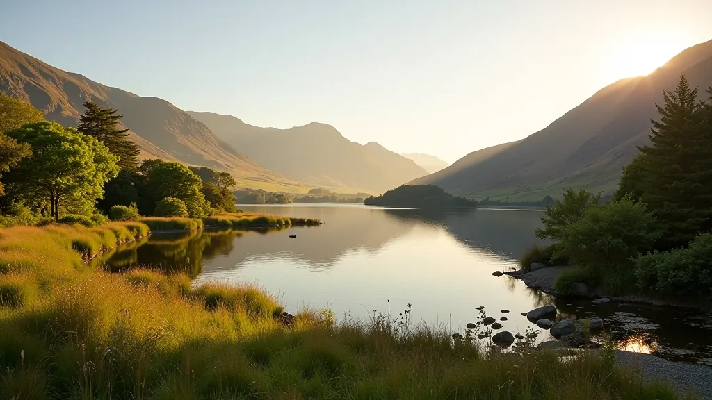 Peaceful lakeside landscape in Ireland with mountains and natural scenery