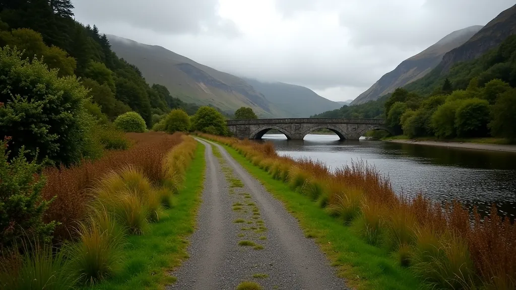 Winding riverside walking path with green grass on both sides, stone bridge visible in distance, mature trees lining the route