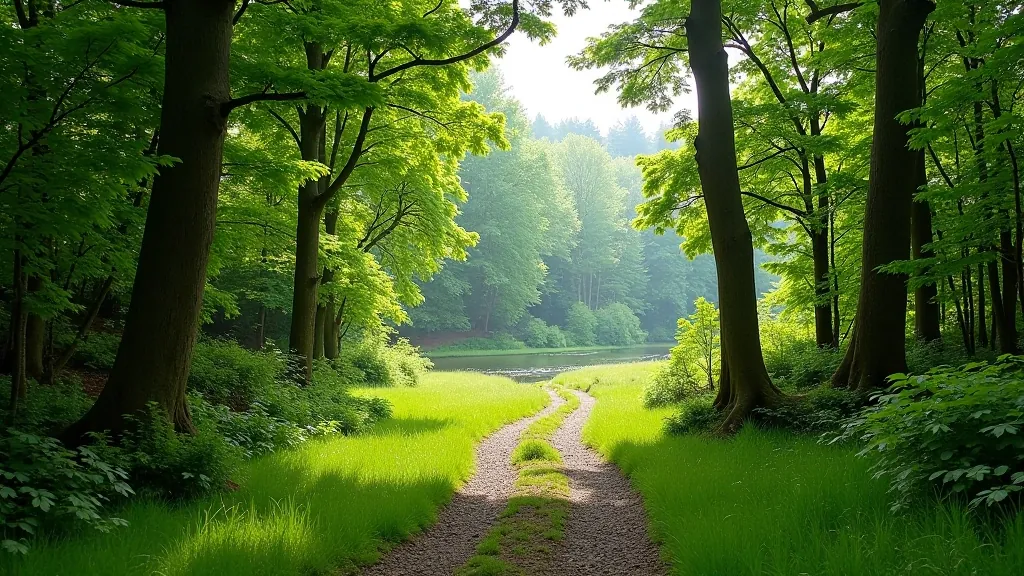 Serene forest landscape with mixed woodland, winding trail, and natural water features