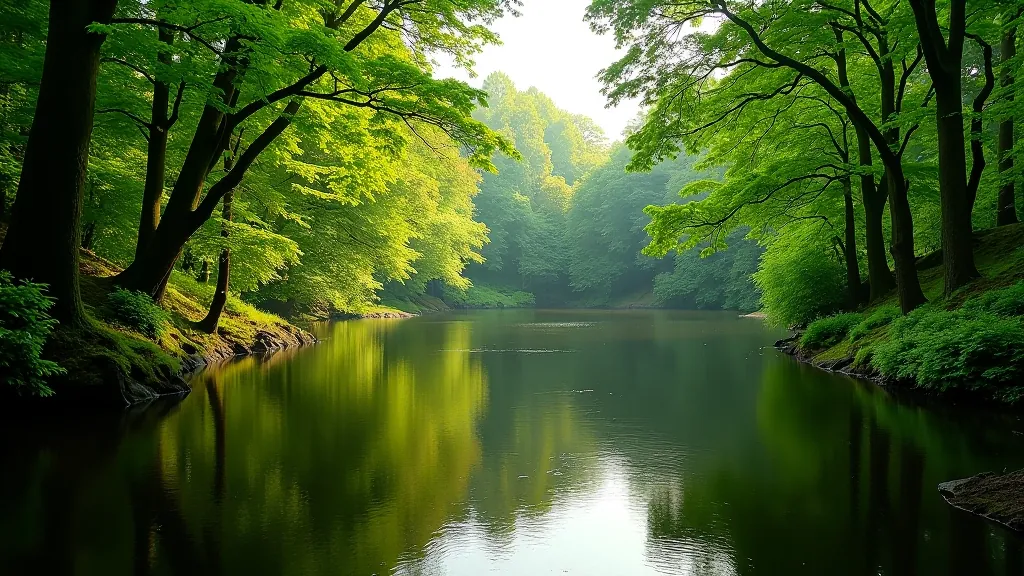 Small lake surrounded by thick green trees and woodland, dappled light filtering through foliage, peaceful forest setting