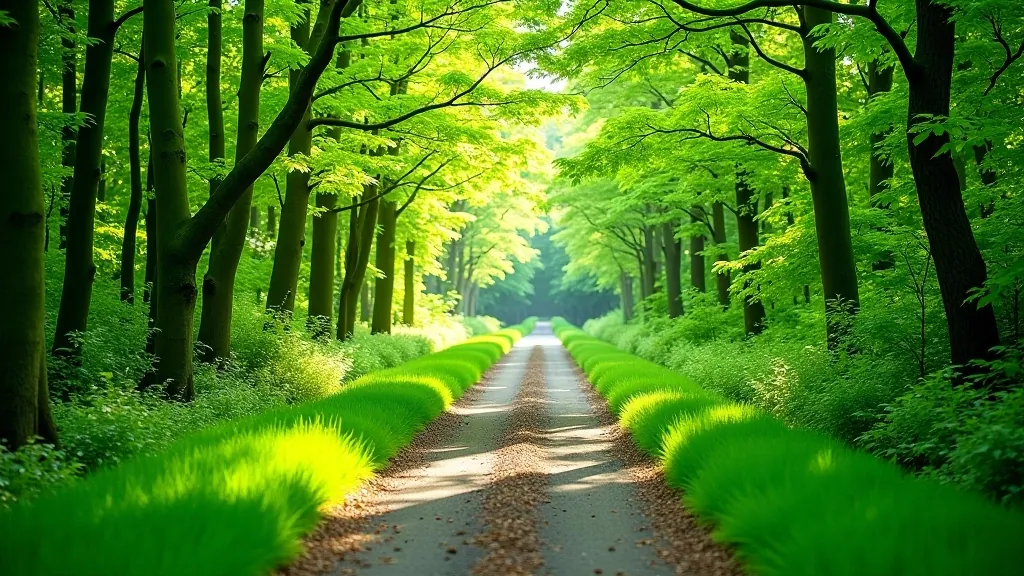 Lush green forest path with dappled sunlight filtering through trees