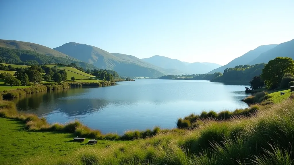 Wide calm lake surrounded by green fields and distant hills, with grassy shoreline and natural seating areas