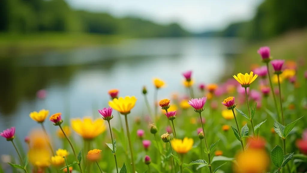 Colorful wildflowers growing along riverside banks with water visible in background, natural habitat setting